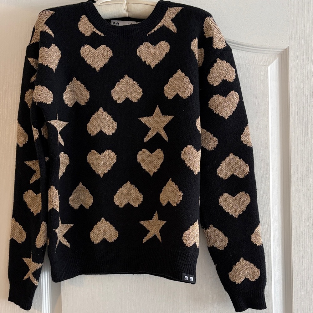 Chic Black Sweater with Gold Heart and Star Design
